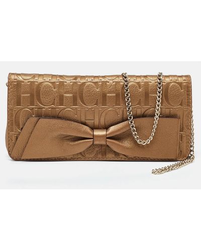 CH by Carolina Herrera Monogram Leather Bow Chain Clutch - Brown