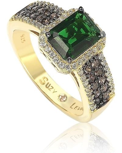 Suzy Levian Golden Sterling Silver Emerald-cut Green And Cubic Zirconia Halo Ring - Brown
