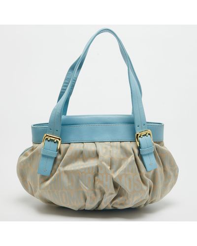 Moschino Light /beige Monogram Canvas And Leather Flap Hobo - Blue