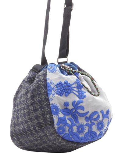 Sacai Transformable Mixed Fabric Wool Drawstring Bucket Crossbody Tote Bag - Blue