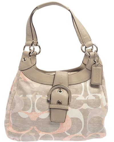 COACH Tri Color Signature Fabric And Leather Hobo - Gray