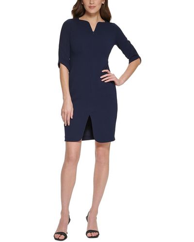 Calvin Klein Petites Zippered Elbow Sleeves Sheath Dress - Blue