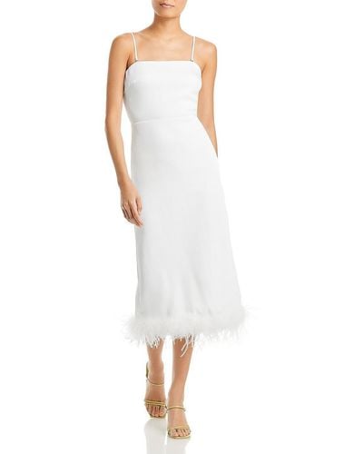 Lucy Paris Faux Feather Trim Back Slit Cocktail And Party Dress - White
