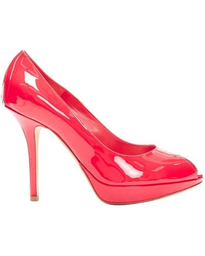 Dior Neon Patent Leather Peep Toe Platform Pumps - Pink
