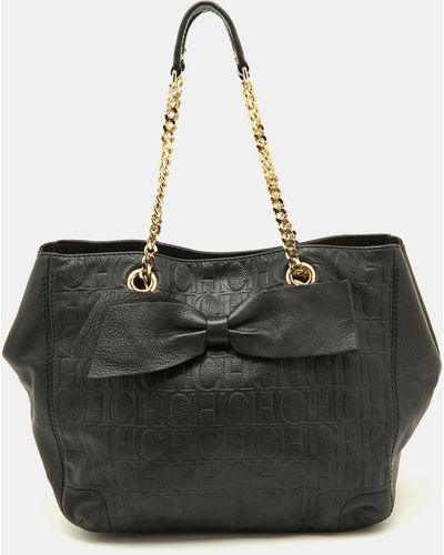 CH by Carolina Herrera Embossed Leather Bow Shoulder Bag - Black