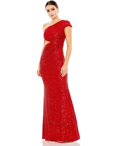 Ieena for Mac Duggal Sequined One Shoulder Cap Sleeve Cut Out Gown - Red