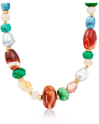 Ross-Simons 13-15mm Cultured Baroque Pearl And Multi-gemstone Bead Necklace With 18kt Gold Over Sterling