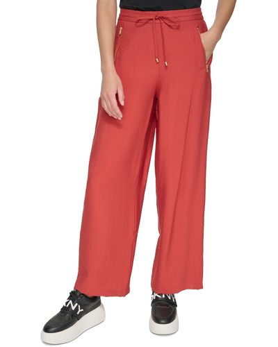 DKNY Drawstring Hem Rayon Wide Leg Pants - Red