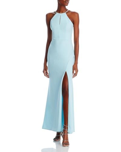 Aqua Embellished Strap Long Evening Dress - Blue