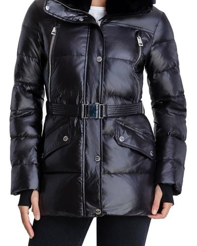 Michael Kors Belted Faux Fur Collar Quilted Coat Jacket - Black