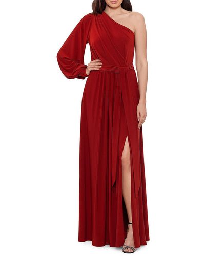 Aqua Belted One Shoulder Evening Dress - Red