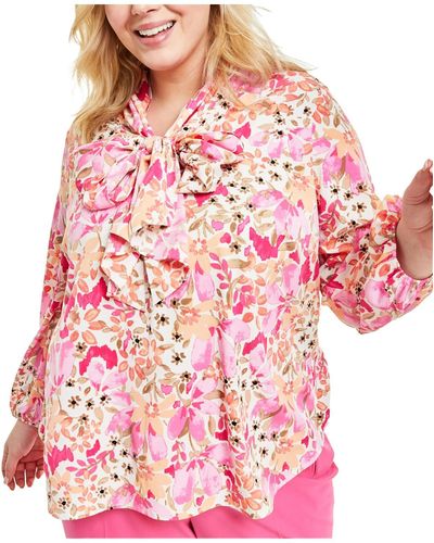 BarIII Plus Floral Print Blouse - Pink