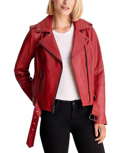 Michael Kors Moto Belted Zip Up Leather Jacket - Red