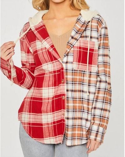 Love Tree Two Tone Hooded Flannel Shirt - Red