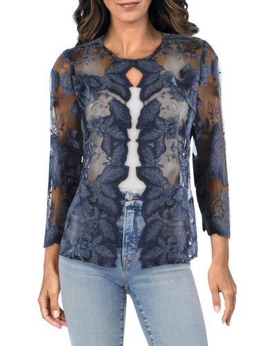 Alex Evenings Lace Mesh Collarless Blazer - Blue