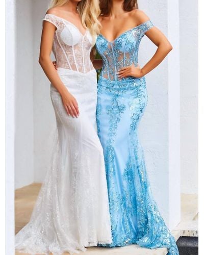 Jovani Off The Shoulder Corset Mermaid Prom Dress - Blue