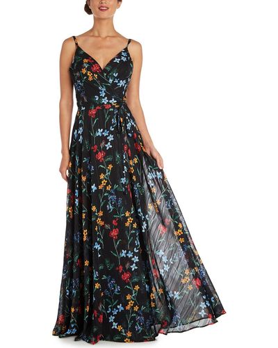 R & M Richards Floral Print Polyester Evening Dress - Blue