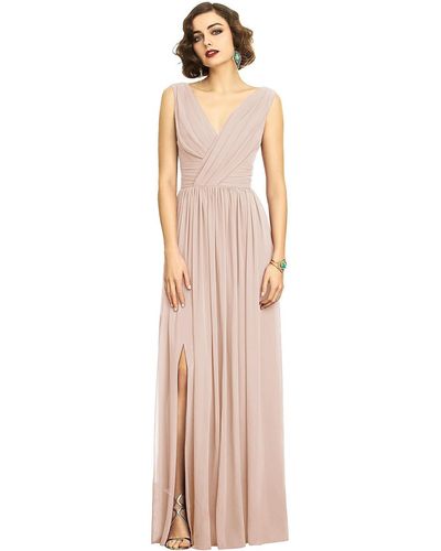Dessy Collection Sleeveless Draped Chiffon Maxi Dress With Front Slit - Natural