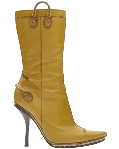 DSquared² Leather Loop Handle Gold Metal Trim Platform Tall Boot - Green