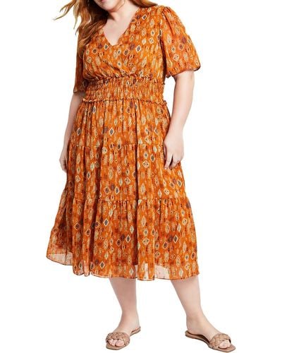 Taylor Plus Printed Chiffon Fit & Flare Dress - Orange