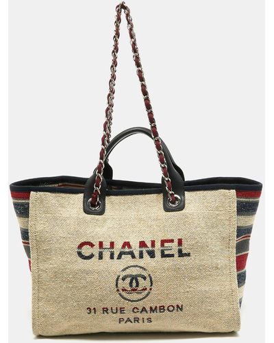 Chanel Color Stripe Canvas And Leather Large Deauville Shopper Tote - Metallic