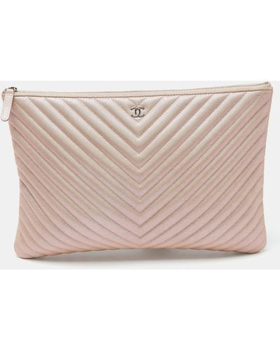 Chanel Pearl Chevron Caviar Leather Large O-case Zip Pouch - Natural