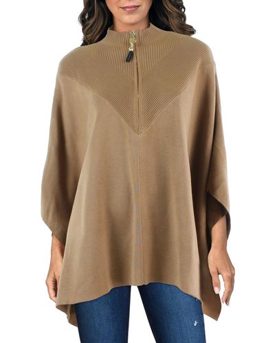 Anne Klein Ribbed Trim Tunic Poncho Sweater - Natural