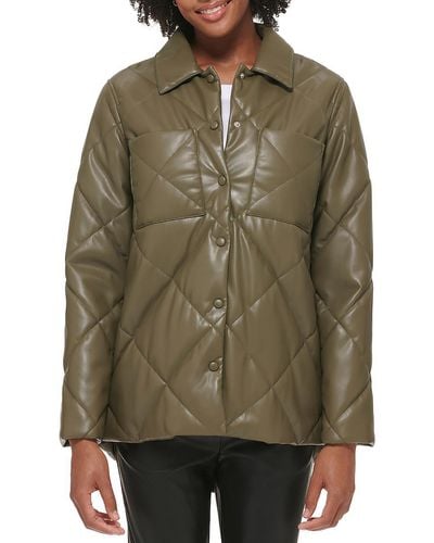 Calvin Klein Faux Leather Warm Quilted Coat - Green