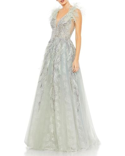 Mac Duggal Embroidered Feathered Evening Dress - White