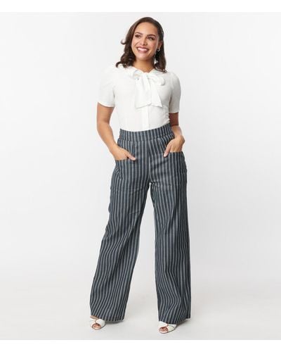 Unique Vintage Denim & White Stripe High Waist Sailor Ginger Pants - Blue