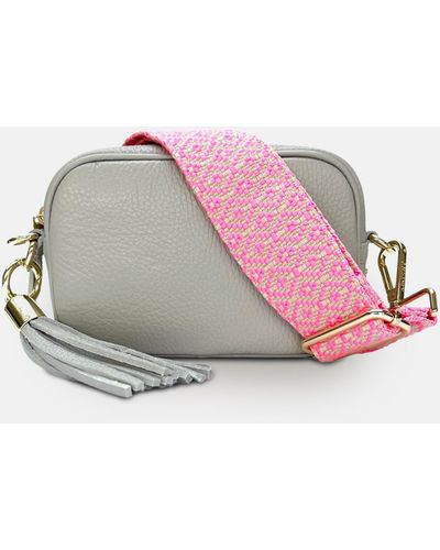 Apatchy London The Mini Tassel Light Gray Leather Phone Bag With Neon Pink Cross-stitch Strap