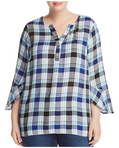 Status By Chenault Plaid Ruffle Sleeves Henley Top - Blue
