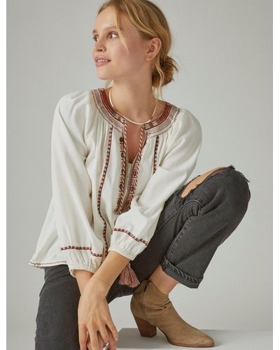 Lucky Brand Long Sleeve Embroidered Peasant Blouse - Gray