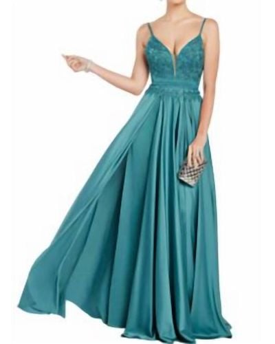 Alyce Paris Satin Embroidered Gown In Green - Blue