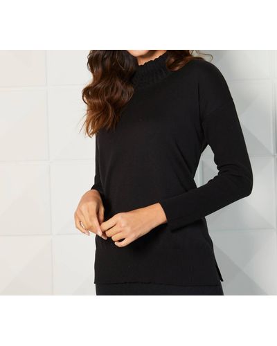 French Kyss Braided Mock Neck Ribbed Sleeve Top - Black