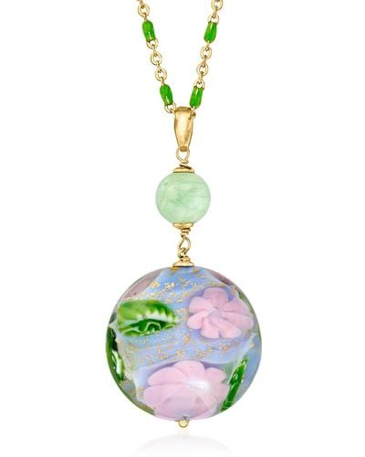 Ross-Simons Italian Multicolored Murano Glass Floral Pendant Necklace With Quartz Bead - Metallic