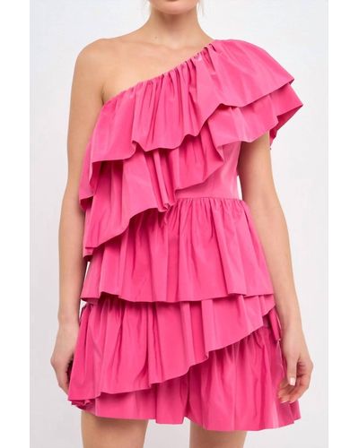 English Factory Ruffled Shoulder Mini Dress - Pink