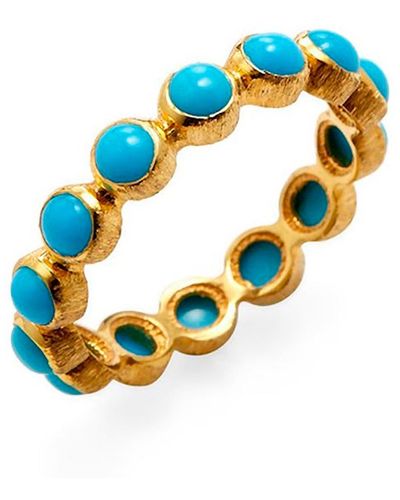 Fine Jewelry Bezeled Real Turquoise Cabochon Eternity Band 18k Gold - Blue