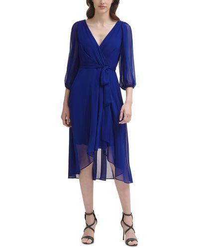 DKNY Faux Wrap Calf Midi Dress - Blue