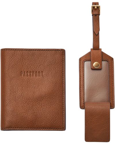 Fossil Litehide Leather Passport Case And luggage Tag Gift Set - Brown
