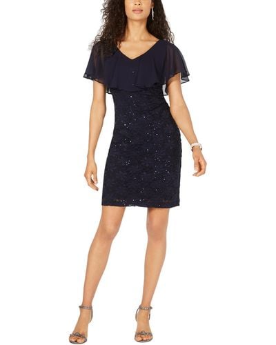 Connected Apparel Sequined Sheer Overlay Cocktail Dress - Blue