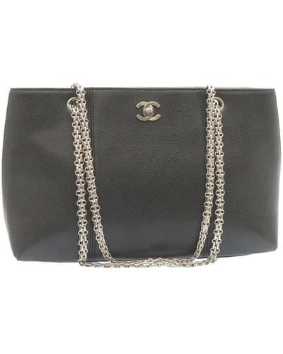 Chanel Caviar Skin Chain Shoulder Bag Leather Cc Auth 28395a - Gray