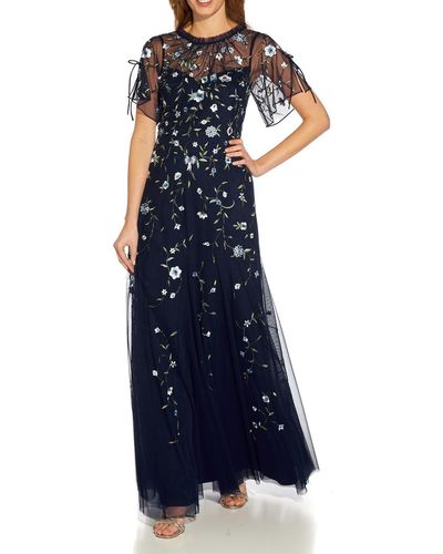 Adrianna Papell Embroidered Maxi Evening Dress - Blue