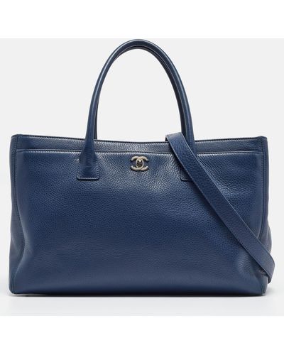 Chanel Leather Cerf Executive Shopper Tote - Blue