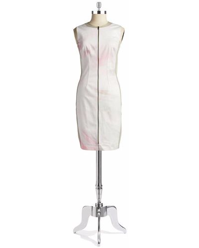 Tahari Avani White Printed Sleeveless Front Zip Stretch Dress Sheath