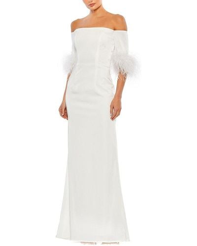 Mac Duggal Feather Trim Off The Shoulder Column Gown - White