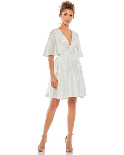 Ieena for Mac Duggal Satin Flowy Cape Sleeve Mini Dress - White