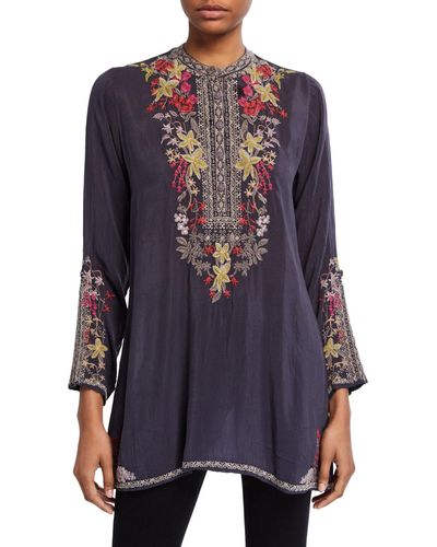 Johnny Was Lilianna Gray Embroidered Tunic - Blue