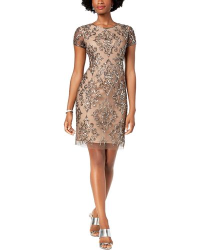 Adrianna Papell Plus Mesh Embellished Cocktail Dress - Natural