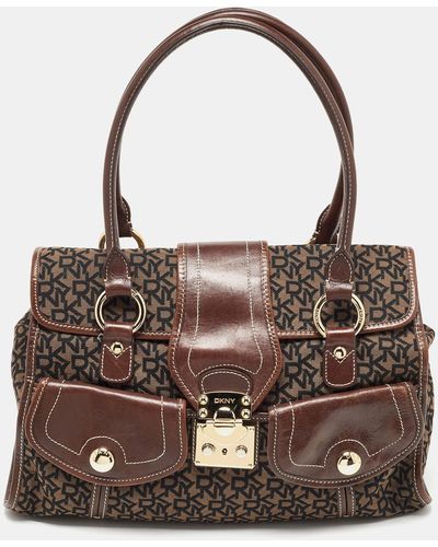 DKNY Signature Canvas And Leather Front Pocket Tote - Brown